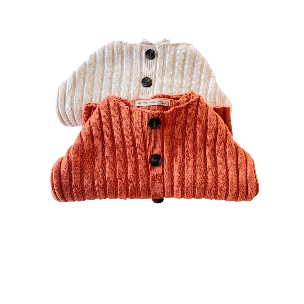 Active USA Ribbed Knit Button Front Crop Top Bundle Cream Rust Orange Medium 2pk